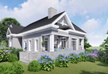 Nowa elegancka architektura domu z dużymi oknami, eleganckim tarasem i ogrodem z kwiatami, idealny projekt dla optymalnych rozwiązań budowlanych i aranżacyjnych.