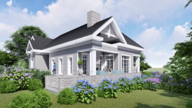 Nowa elegancka architektura domu z dużymi oknami, eleganckim tarasem i ogrodem z kwiatami, idealny projekt dla optymalnych rozwiązań budowlanych i aranżacyjnych.