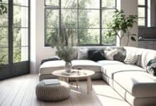 Nowo urządzony jasny salon z dużymi oknami, nowoczesnym narożnikiem, stolikiem kawowym i zielonymi roślinami, idealne do relaksu i spędzania czasu z rodziną.